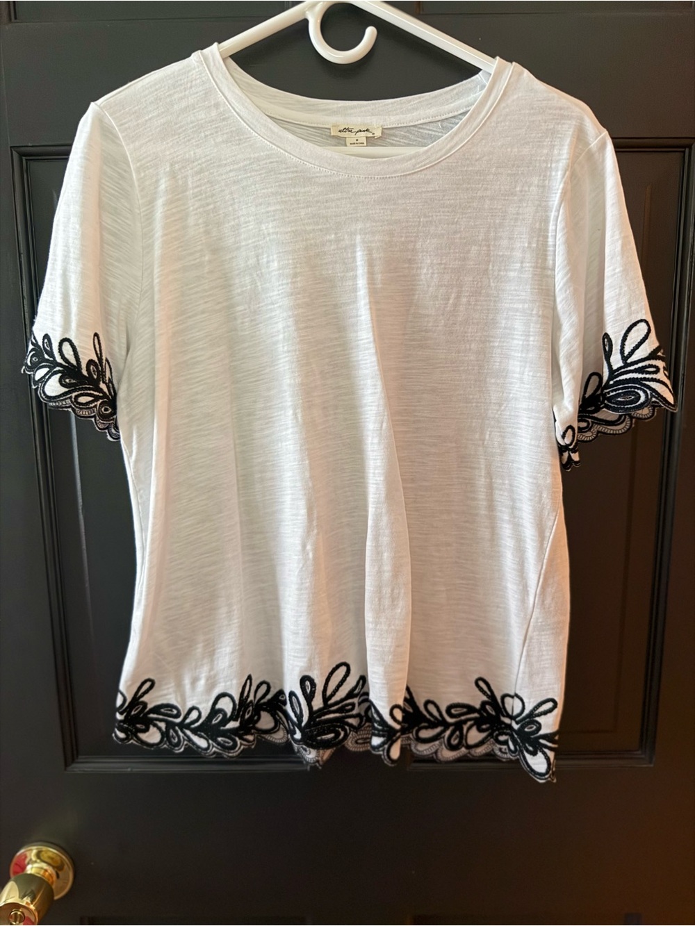 Ultra Pink White Short Sleeve Tee with Black Embroidered Trim